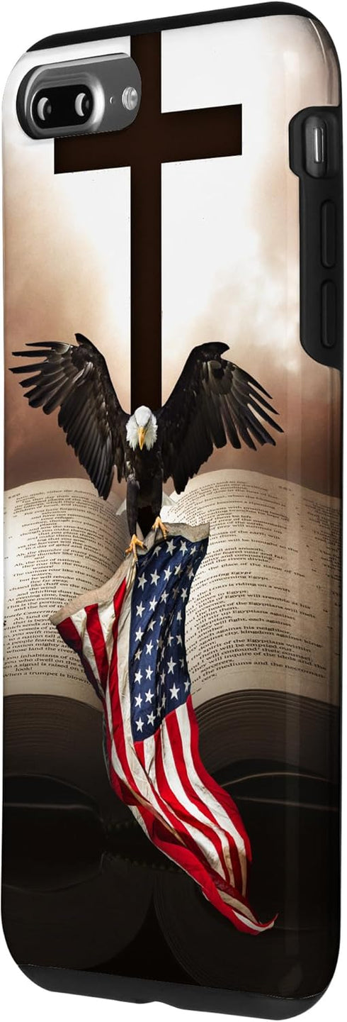iPhone 7 Plus/8 Plus Grip Case, Pretty Christian Cross Bible with Bald Eagle and American Flag