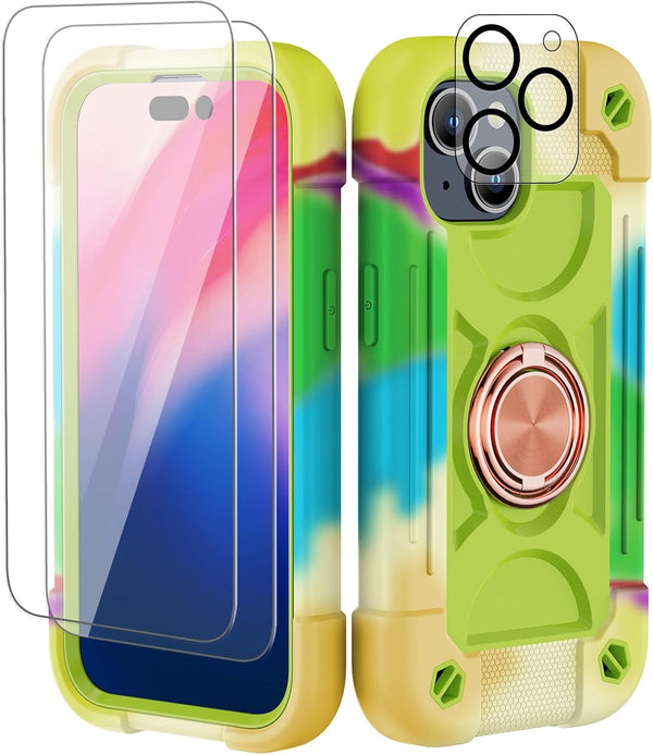 iPhone 15 Case, Rainbow Green, Heavy-Duty Shockproof Military-Grade Rugged Cover with Ring Stand, Glass Screen & Camera