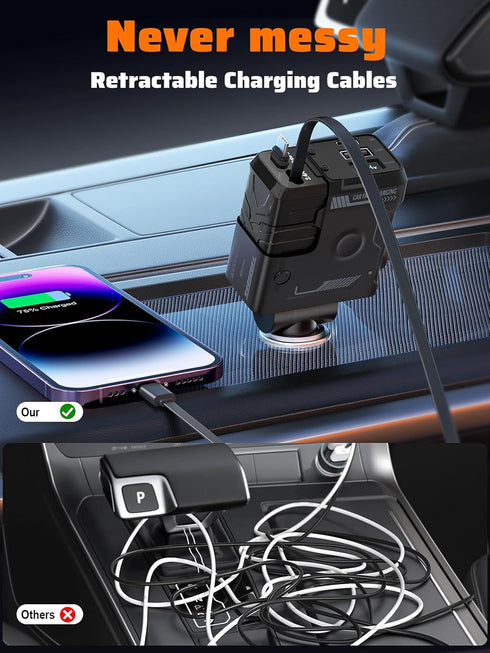 Retractable Car Charger with 4 in 1 Super Fast Charging Cables (31.5 inch), 2 USB Ports Adapter for iPhone 15 14 13 12
