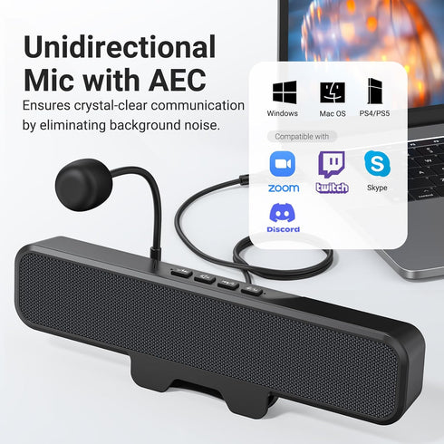 Inwa Computer Speakers with Microphone for Desktop PC, USB Monitor Speakers with Clip, Wired Laptop Sound Bar, Stereo