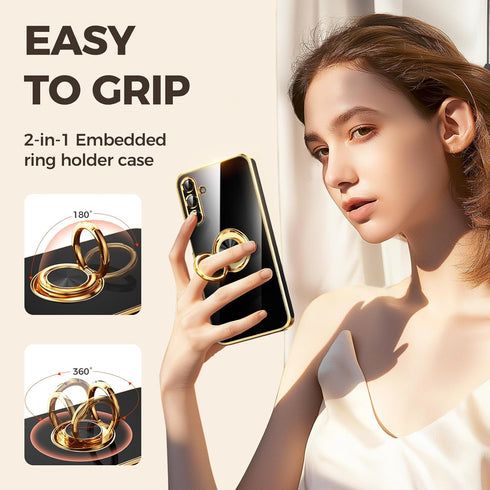 Samsung Galaxy A15 5G Case with 2 Pack Screen Protector, 360° Rotatable Ring Holder, Luxury Hearts Pattern, Plating