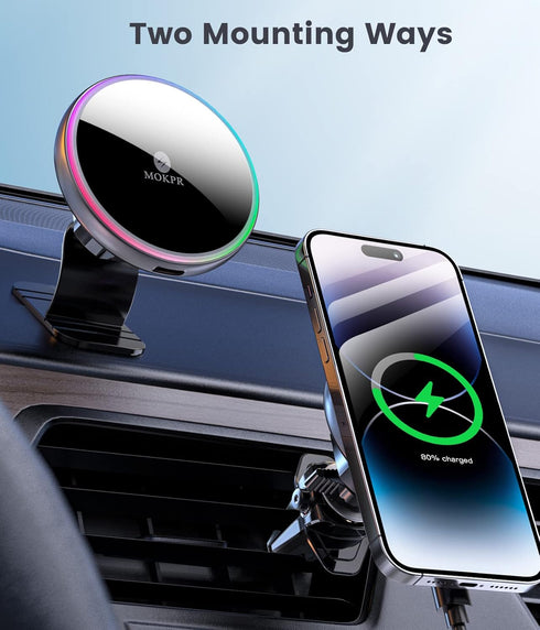 MOKPR for MagSafe Car Mount Charger, Wireless Magnetic Car Phone Holder for iPhone 15/14/13/12 Series with QC 3.0