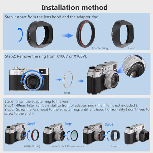 Haoge LH-X54B Square Metal Lens Hood with 49mm Adapter Ring for Fujifilm X100VI Fuji X100V Camera, Black