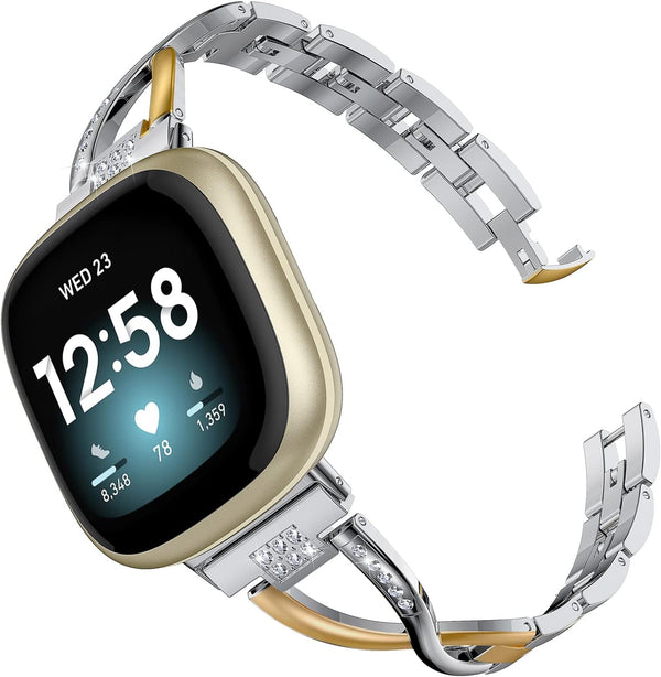 Wearlizer Metal Band for Fitbit Versa 4/3/Sense/Sense 2 - Dressy Stainless Steel Bling Rhinestone Replacement Strap