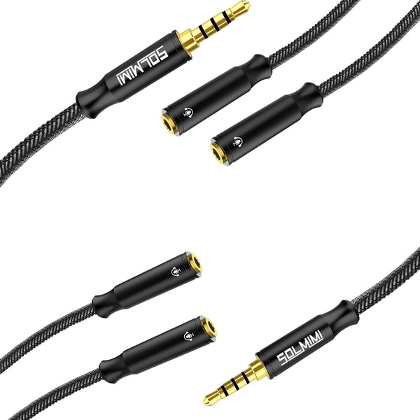 3.5mm Audio Splitter (2 Pack) - Matte Black, 4 Pole TRRS, One Male to Two Female for PC, Xbox, PS4, Smartphones (1ft)