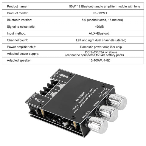 AITRIP 2PCS ZK-502MT 5.0 2.0 2X50W Bluetooth Amplifier Board,Bluetooth Subwoofer Channel High Power Audio Digital HiFi