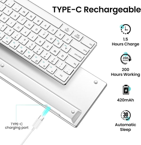 TIETI 2.4G Wireless Bluetooth Keyboard Rechargeable, Stainless Steel Ultra Slim Full Size Keyboard with Numeric Keypad