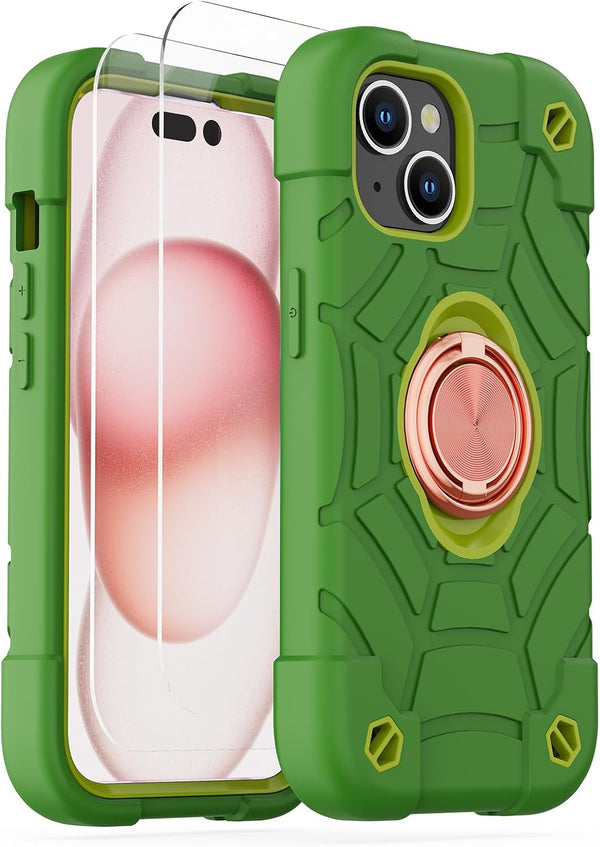 KCJ iPhone 15 Case (6.1") - Avocado, Soft Silicone + Hard PC, Full Body Protection, Includes 2 Screen Protectors & Ring