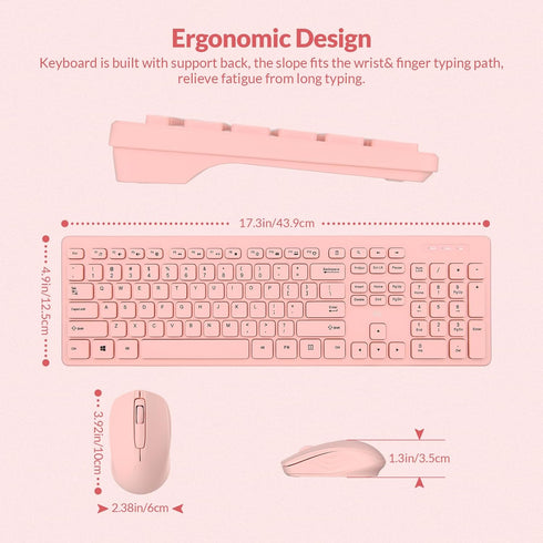 Rii Wireless Keyboard and Mouse Combo, Standard Office PC Keyboard with Optical Wireless Mice in Pink