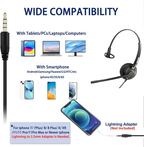 Arama Cell Phone Headset with Mic Noise Canceling, 3.5mm Wired Headset for iPhone Samsung PC iPad, Computer Headset for Skype for Business Office, Clear Chat, Universal Connection