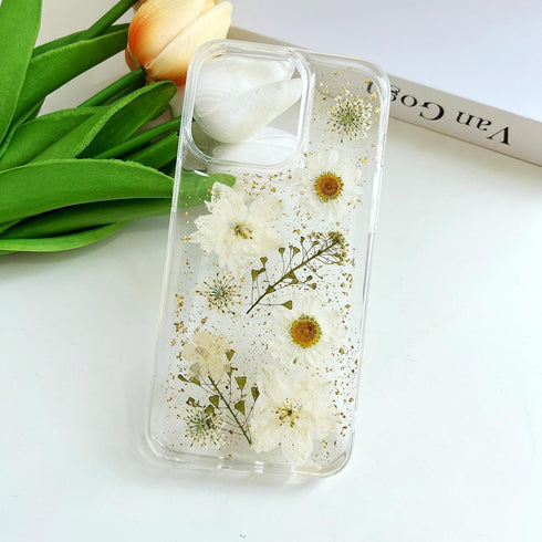 for iPhone 15 Pro Max Clear Case with Pressed Real Flowers Design,Glitter Cute White Floral Pattern Slim Soft TPU Protective Women Girl's Phone Cover for iPhone 15 Pro Max