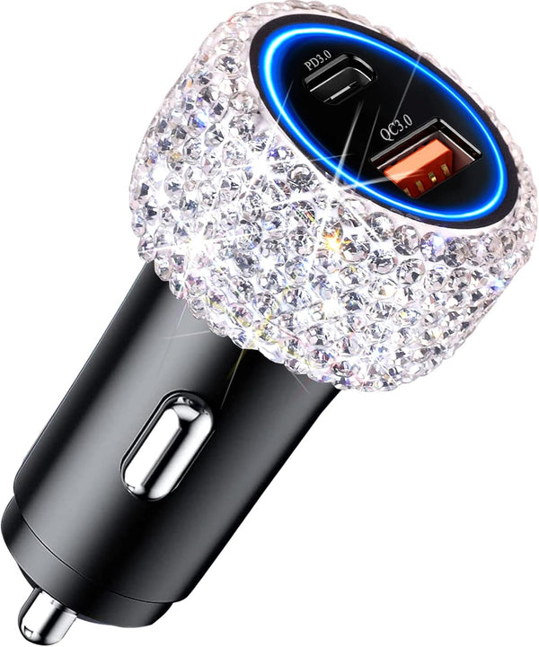 USB C Car Charger Adapter 54W, Bling Diamond PD & QC 2-Port Type C Compact Car Charger