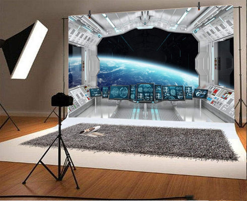 Leyiyi 8x6ft 3D Spaceship Interior Backdrop, Universe Workshop Outer Space Travel Photo Background