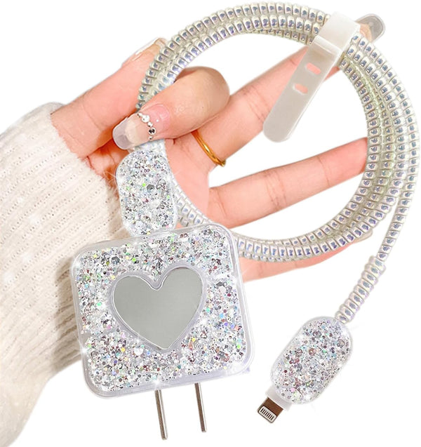 Glitter DIY Cable Protector for Apple iPhone Power Adapter, Cute Bling Love Heart Design, USB Case for Charger