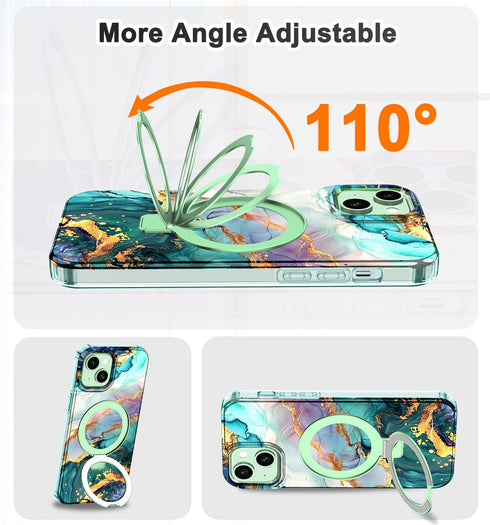 Lamcase iPhone 13/14 Case, Magnetic Invisible Ring Stand, Rugged Slim Shockproof Marble Design, Dark Green