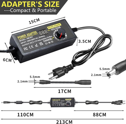 Universal Power Supply Adjustable 3V~12V, 12A 144W Variable Switching Adapter, 100V-240V AC to DC Converter with 14 Tips
