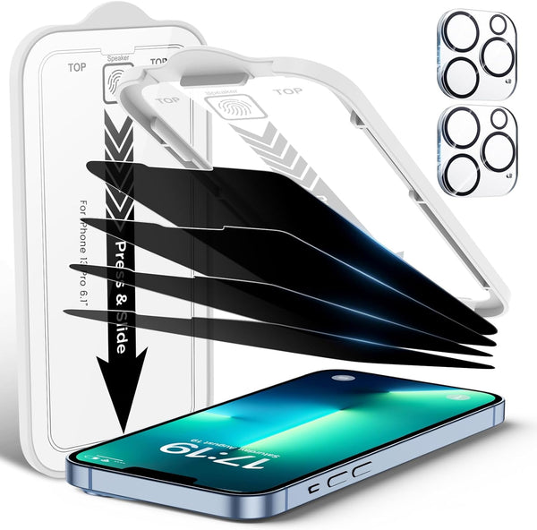 4 Pack Privacy Screen Protector for iPhone 13 Pro, 2 Pack Camera Lens Protector, 9H Hardness Scratch Resistant Tempered