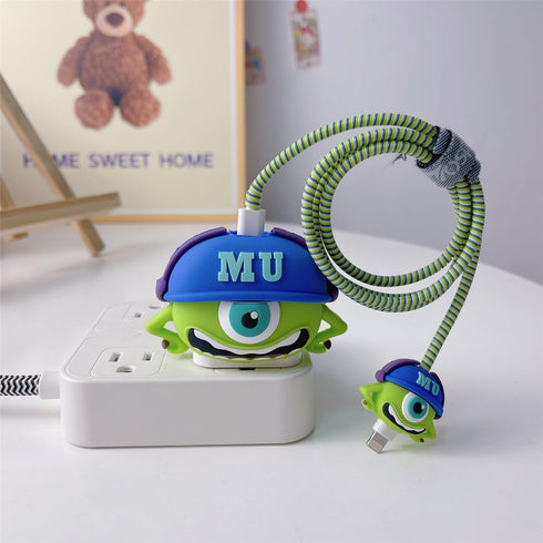 3D Cute Cartoon Charger Protector Case - Compatible for Apple 20W USB-C Power Adapter and Lightning Cable (Green Hat Mike)