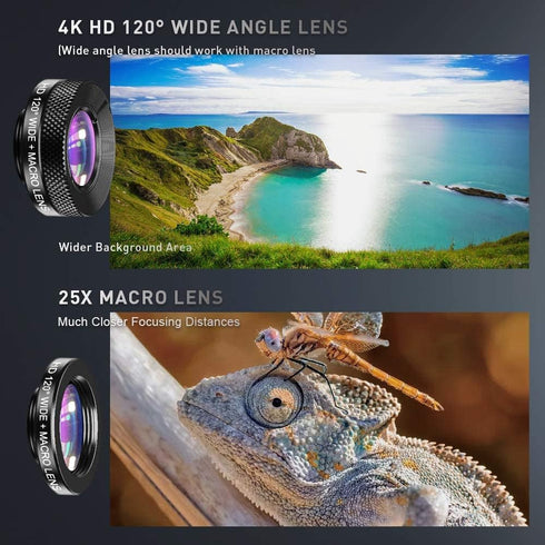 APEXEL 6 in 1 Phone Lens Kit - 22X Telephoto, 205° Fisheye, 120° Wide Angle & 25X Macro Lens, Compatible with iPhone &