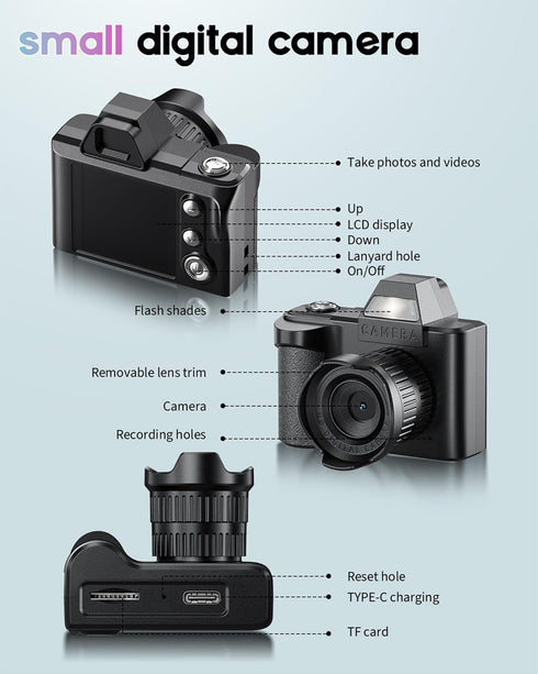 WZVZ 1080P 32GB Mini Digital Camera, Portable Camera for Photography with SD Card, Key Card Clip Chain for Teenagers