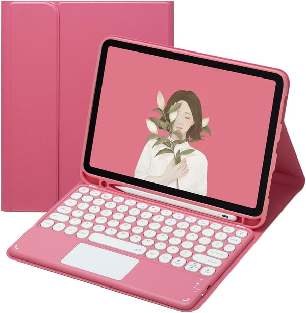 HENGHUI iPad 6th/5th Gen Air 2 Pro 9.7" Keyboard Case with Touchpad, Cute Round Key Color Keyboard, Dark Pink
