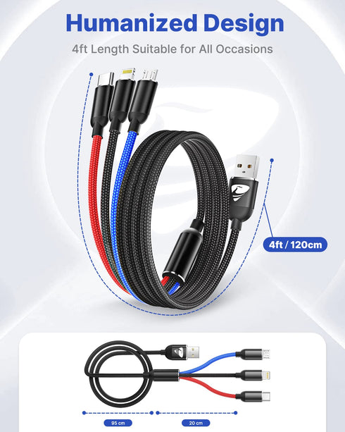 Aioneus 3-in-1 Multi Charging Cable: Fast Charging Nylon Braided USB Cable with Type-C, Micro USB & IP Port for Phones