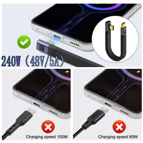 QIANRENON 40Gbps USB4.0 C Male to 90° Angle C Male Data Short Cable 240W USB Type C 4.0 PD Fast Charging Flat Flex Cable, for Thunderbolt 3/4 Smartphone Power Bank, 13cm/5.1in (Vertical Bend)