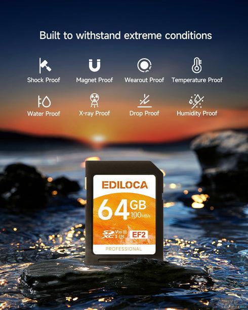 EF2_64GB UHS-I SD Card, Fast Storage Memory Card, Read Speed 100MB/s, Write Speed 50MB/s, C10, U3, V30, Full-HD & 4K