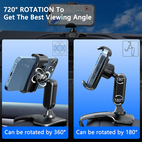 360° Rotating Car Dashboard Phone Clip Holder, Dash Steering Wheel Cell Phone Clamp Mount for 4-7 Inch Smartphones