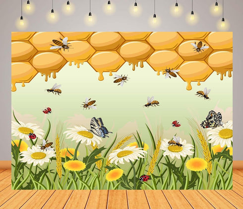 CORFOTO 10x8ft Fabric Honeycomb Bee Backdrop Golden Honeycomb Daisies Butterflies Insects Nature Scene Photography