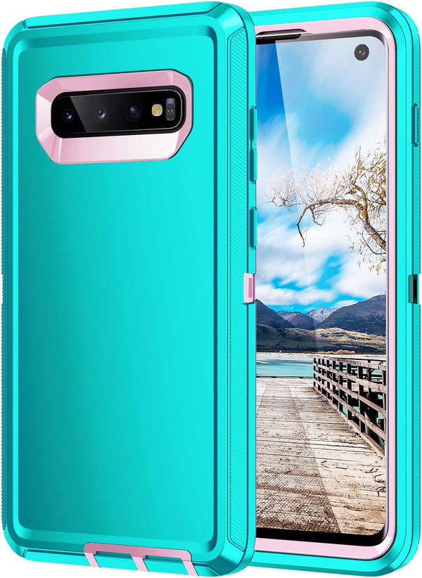 Galaxy S10 Case, Heavy Duty Shockproof Dust/Drop Proof 3 Layers Full Body Protection Rugged Case, Mint Green/Pink