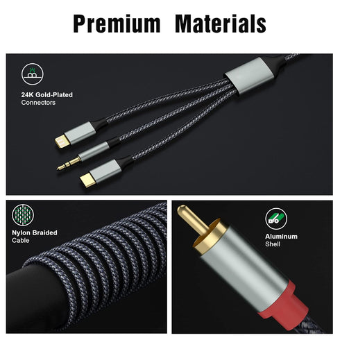 Lightning to RCA Cable Audio Aux Adapter (10.3M), RCA to 3.5mm Cable, USB C to 2 RCA Audio Cable (3 in 1) for Power