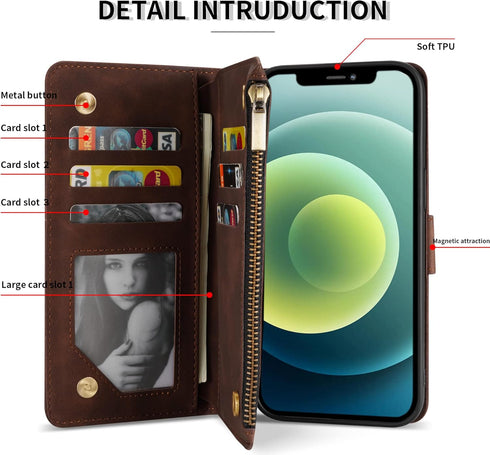 ZZXX for iPhone 12 Mini Wallet Case - Premium Soft PU Leather Zipper Flip Folio with Wrist Strap