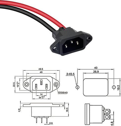 GELRHONR IEC 320 C14 Male 3 Pins Mount 10AWG AC Inline Plug Power Cord, 2 Open Wiring Stripped for Car/Home Appliances
