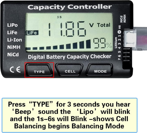 Battery Tester Digital Capacity Checker for LiPo/Life/Li-ion/NiCd/NiMH Battery Packs