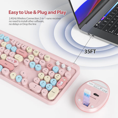 Fogruaden Pink Wireless Keyboard and Mouse, Retro Typewriter 104 Keys Full Size Cute Keyboard with Number Pad