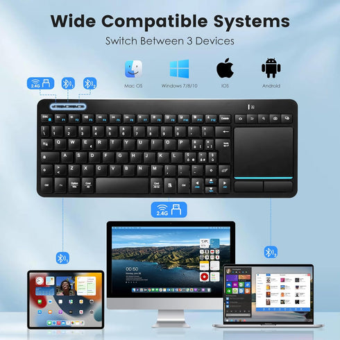 Multi-Device Wireless Bluetooth Keyboard with Touchpad, TV Keyboard with Multi-Touch Trackpad for Windows, Android,