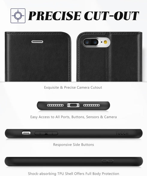 TUCCH Wallet Case for iPhone 8 Plus/iPhone 7 Plus, PU Leather Flip Cover with Card Slot, Black