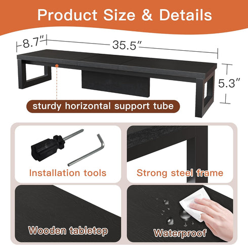 HEWORLIF Dual Monitor Stand Riser, Wood and Steel Monitor Stand for Desk, Multi-Purpose Desk Shelf Organizer