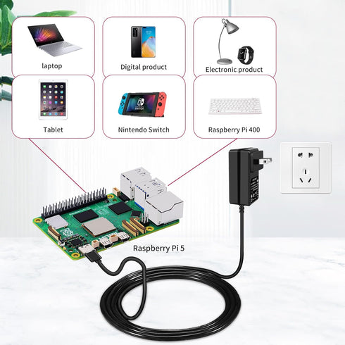 GeeekPi 27W Power Supply for Raspberry Pi 5, PD Adapter USB C 5.1V 5A Power Adapter for Raspberry Pi 5 8GB 4GB