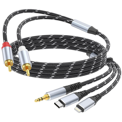 3.5mm to RCA Cable, Lightning to RCA Male to Aux Audio Adapter, 3 in 1 Audio Cable for iPhone/iPad Speaker MP3 Tablet
