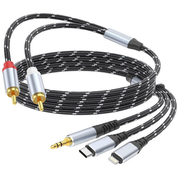 3.5mm to RCA Cable, Lightning to RCA Male to Aux Audio Adapter, 3 in 1 Audio Cable for iPhone/iPad Speaker MP3 Tablet