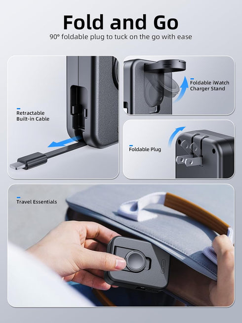 Apple Watch Charger Block, 2 in 1 Wall Charger with Built-in Retractable Charging Cable, Travel Foldable Plug
