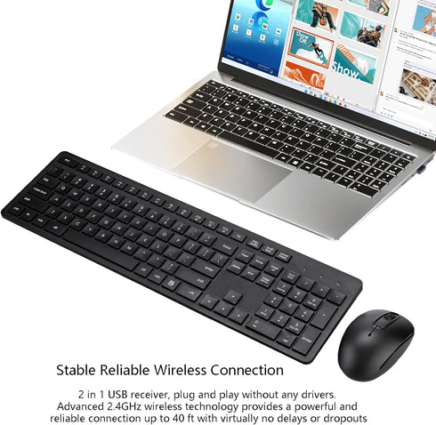 Wireless Keyboard and Mouse Combo, 2.4G Silent Cordless Keyboard Mouse Combo for Windows Chrome Laptop Computer