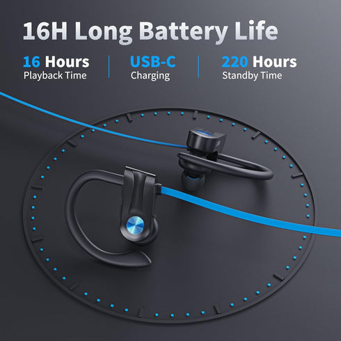 Wireless Headphones, Bluetooth 5.3, 16 Hours Playtime, Over-Ear Stereo Bass Earphones, Sports Earbuds, Blue
