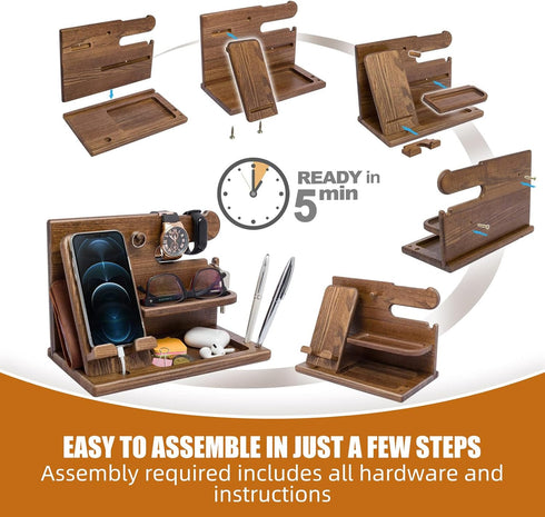 LNBEI Wood Phone Docking Station for Men, Simple and Elegant Nightstand Organizer, Multifunctional Desk Organizers