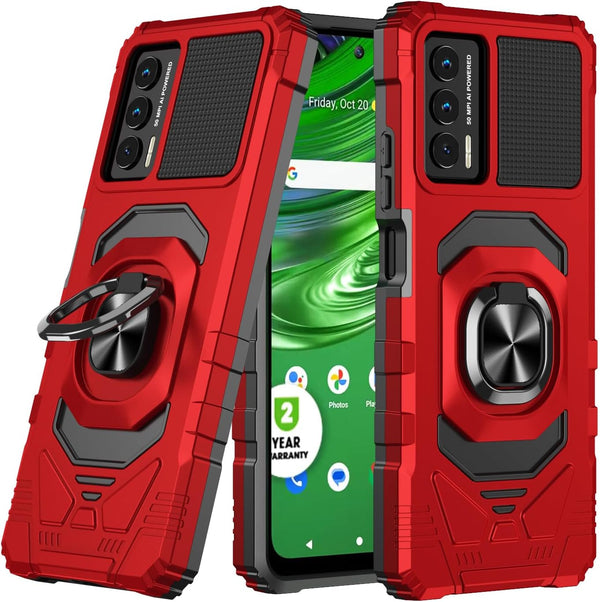 Customerfirst Compatible for Cricket Outlast Case, Tempered Glass Screen Protector & Ring Kickstand (Red)