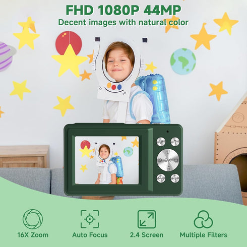 Gtonster 44MP 1080P 16X Digital Camera, Compact Camera, FHD Point and Shoot Digital Cameras with Zoom, Face Detect