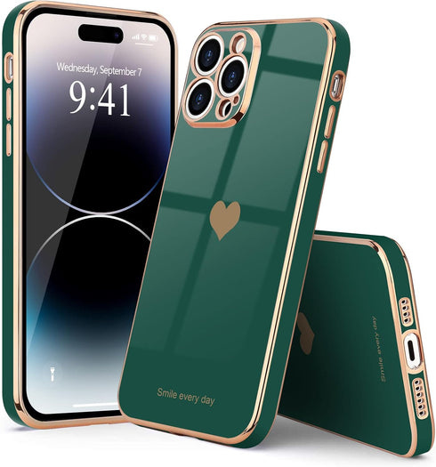 Teageo Cute Love Heart Luxury Bling Case for iPhone 14 Pro Max, Raised Full Camera Protection Bumper, Blackish Green
