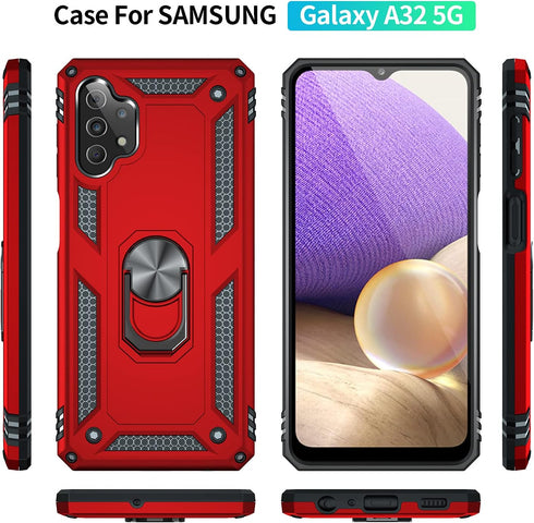 for Samsung A32 5G Case, Military Grade 16ft Drop Tested Cover with Screen Protector and Magnetic Kickstand, Red